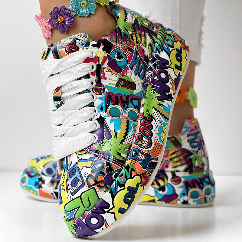 Women's Casual Round Toe Thick Sole Lace-Up Sneakers, Random Print Design, Comfortable Sporty Shoes For Daily Wear