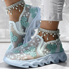 Contrast Glitter Mesh Sneakers – Trendy Transparent Panels, Breathable Design, Without Ankle Strap