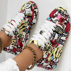 Trendy Women’s Lace-Up Sneakers – Thick Sole, Round Toe Casual Shoes with Eye-Catching Random Print for Daily Comfort