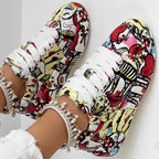 Trendy Women’s Lace-Up Sneakers – Thick Sole, Round Toe Casual Shoes with Eye-Catching Random Print for Daily Comfort