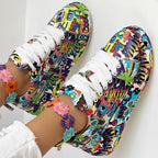 Trendy Women’s Lace-Up Sneakers – Thick Sole, Round Toe Casual Shoes with Eye-Catching Random Print for Daily Comfort