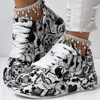 Trendy Women’s Lace-Up Sneakers – Thick Sole, Round Toe Casual Shoes with Eye-Catching Random Print for Daily Comfort