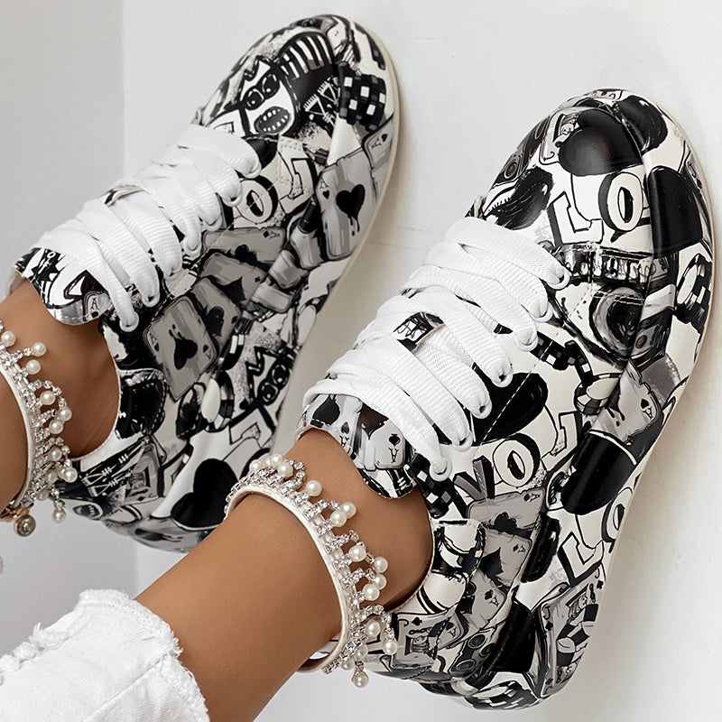 Women's Casual Round Toe Thick Sole Lace-Up Sneakers, Random Print Design, Comfortable Sporty Shoes For Daily Wear