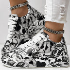 Trendy Women’s Lace-Up Sneakers – Thick Sole, Round Toe Casual Shoes with Eye-Catching Random Print for Daily Comfort