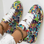 Trendy Women’s Lace-Up Sneakers – Thick Sole, Round Toe Casual Shoes with Eye-Catching Random Print for Daily Comfort