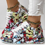 Trendy Women’s Lace-Up Sneakers – Thick Sole, Round Toe Casual Shoes with Eye-Catching Random Print for Daily Comfort