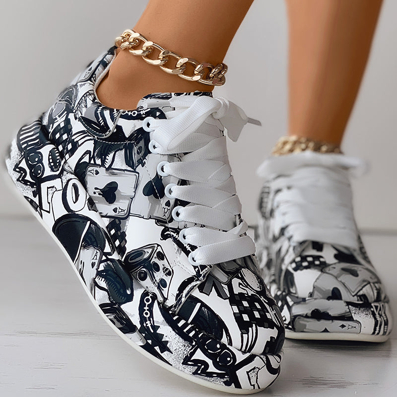 Women's Casual Round Toe Thick Sole Lace-Up Sneakers, Random Print Design, Comfortable Sporty Shoes For Daily Wear