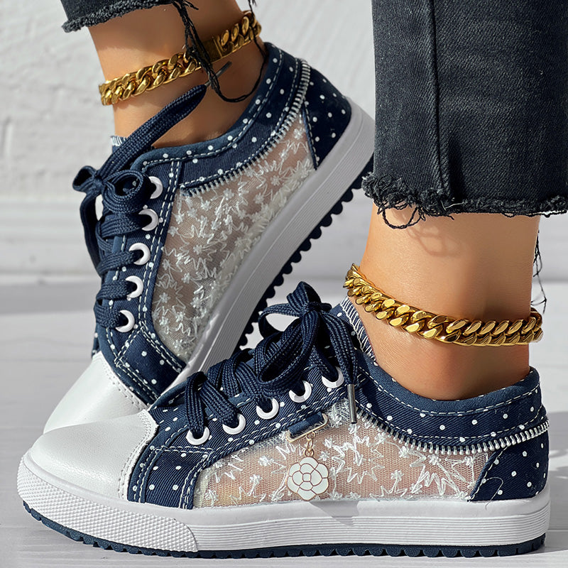 Floral Embroidered Polka Dot Print Sneakers