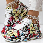 Trendy Women’s Lace-Up Sneakers – Thick Sole, Round Toe Casual Shoes with Eye-Catching Random Print for Daily Comfort