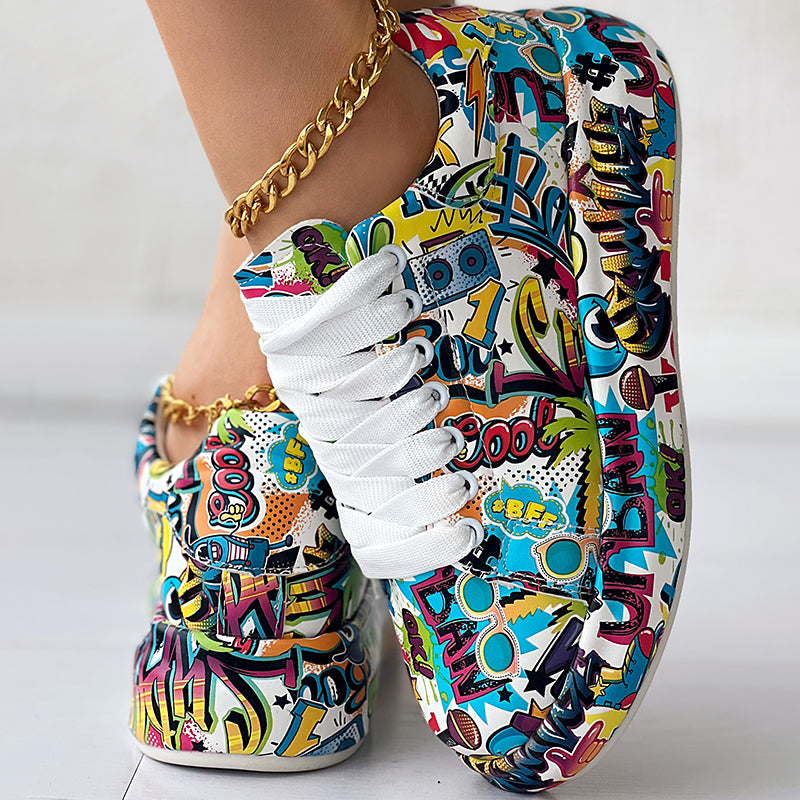 Women's Casual Round Toe Thick Sole Lace-Up Sneakers, Random Print Design, Comfortable Sporty Shoes For Daily Wear