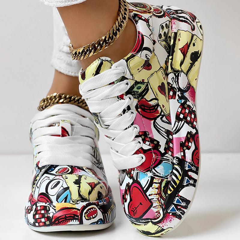 Women's Casual Round Toe Thick Sole Lace-Up Sneakers, Random Print Design, Comfortable Sporty Shoes For Daily Wear