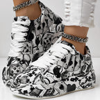 Trendy Women’s Lace-Up Sneakers – Thick Sole, Round Toe Casual Shoes with Eye-Catching Random Print for Daily Comfort
