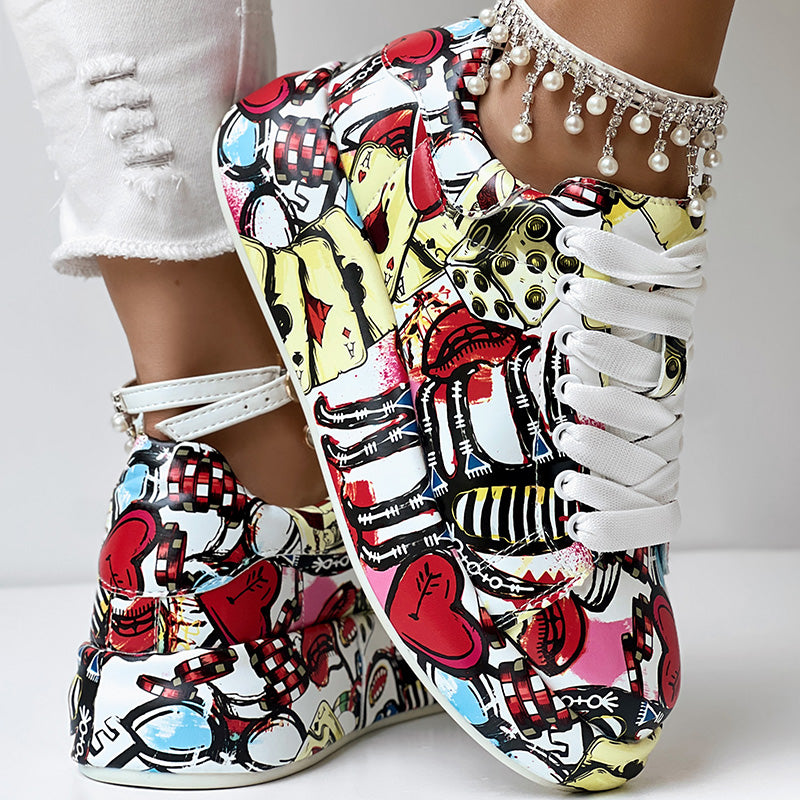 Women's Casual Round Toe Thick Sole Lace-Up Sneakers, Random Print Design, Comfortable Sporty Shoes For Daily Wear