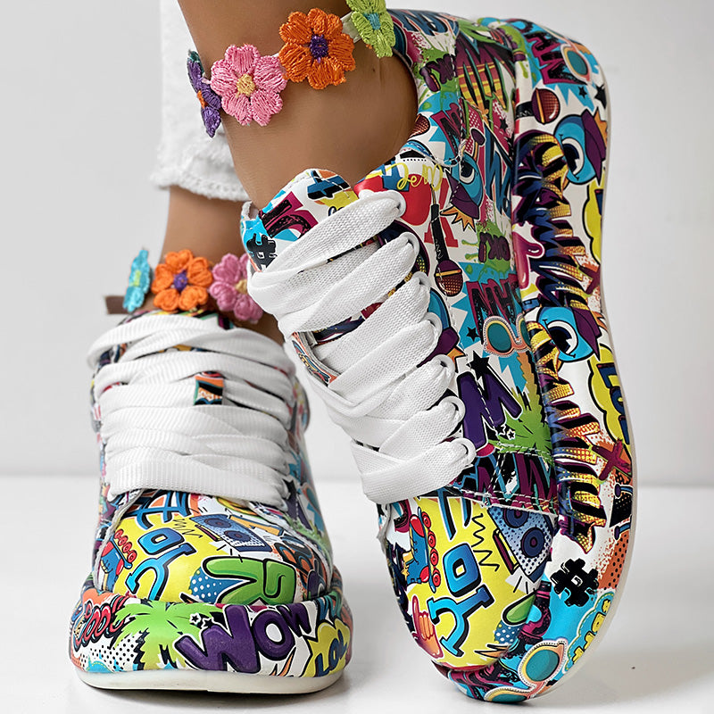 Women's Casual Round Toe Thick Sole Lace-Up Sneakers, Random Print Design, Comfortable Sporty Shoes For Daily Wear