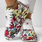 Trendy Women’s Lace-Up Sneakers – Thick Sole, Round Toe Casual Shoes with Eye-Catching Random Print for Daily Comfort
