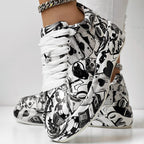 Trendy Women’s Lace-Up Sneakers – Thick Sole, Round Toe Casual Shoes with Eye-Catching Random Print for Daily Comfort