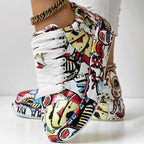 Trendy Women’s Lace-Up Sneakers – Thick Sole, Round Toe Casual Shoes with Eye-Catching Random Print for Daily Comfort