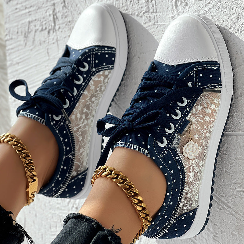 Floral Embroidered Polka Dot Print Sneakers