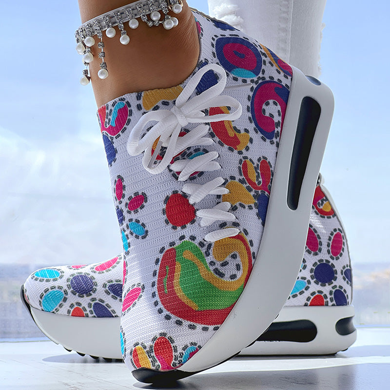 Women's Random Print Side Lace-Up Elastic Sport Shoes, Comfortable Slip-On Sneakers For Women, Casual Daily Wear Footwear