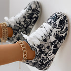 Trendy Women’s Lace-Up Sneakers – Thick Sole, Round Toe Casual Shoes with Eye-Catching Random Print for Daily Comfort