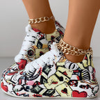 Trendy Women’s Lace-Up Sneakers – Thick Sole, Round Toe Casual Shoes with Eye-Catching Random Print for Daily Comfort