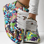 Trendy Women’s Lace-Up Sneakers – Thick Sole, Round Toe Casual Shoes with Eye-Catching Random Print for Daily Comfort