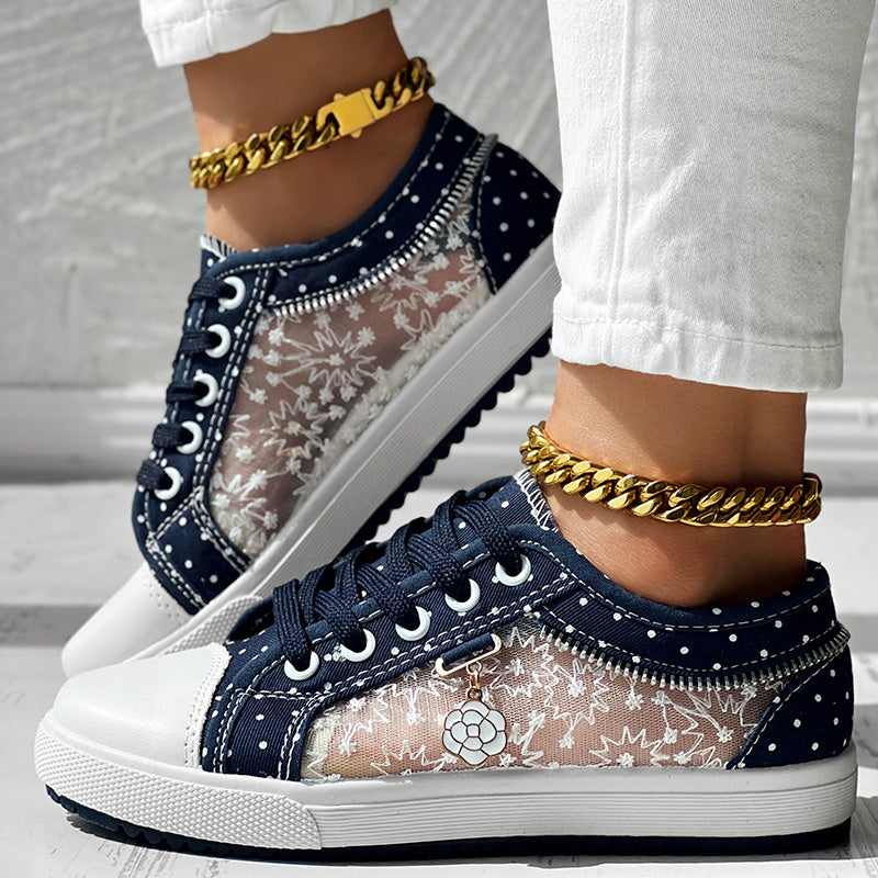 Floral Embroidered Polka Dot Print Sneakers