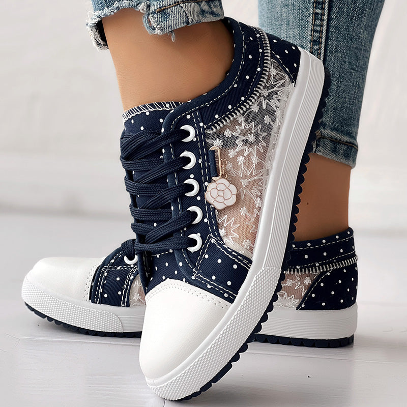 Floral Embroidered Polka Dot Print Sneakers