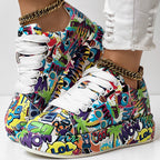 Trendy Women’s Lace-Up Sneakers – Thick Sole, Round Toe Casual Shoes with Eye-Catching Random Print for Daily Comfort