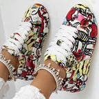 Trendy Women’s Lace-Up Sneakers – Thick Sole, Round Toe Casual Shoes with Eye-Catching Random Print for Daily Comfort