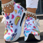 Women's Random Print Side Lace-Up Elastic Sport Shoes, Comfortable Slip-On Sneakers For Women, Casual Daily Wear Footwear