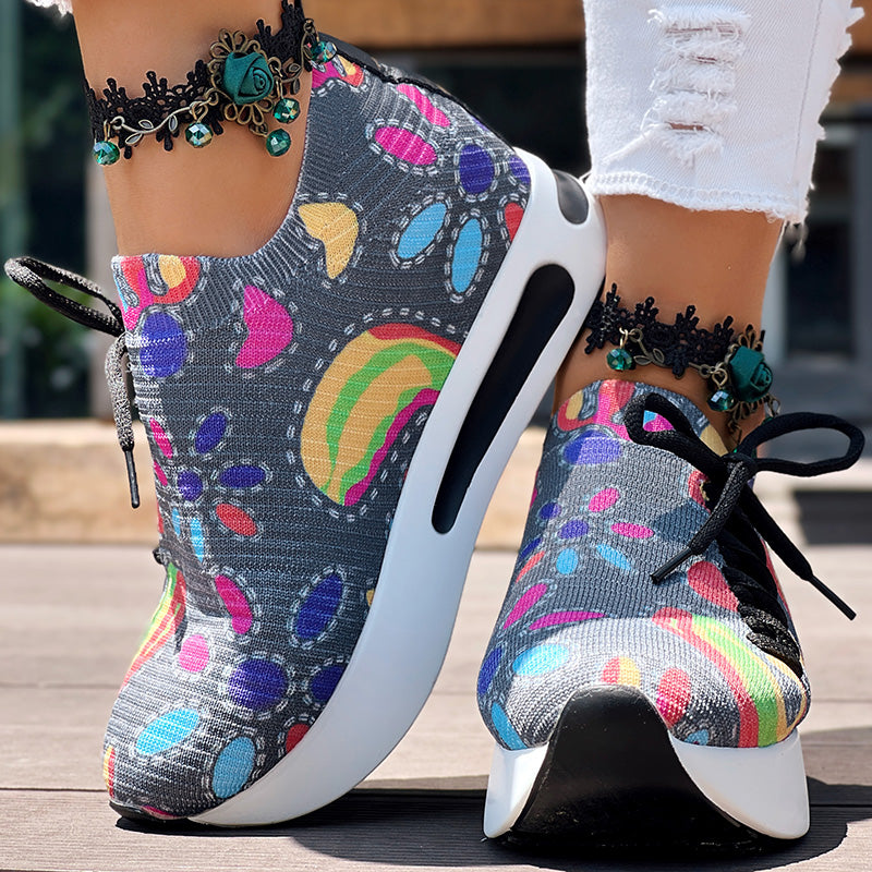 Women's Random Print Side Lace-Up Elastic Sport Shoes, Comfortable Slip-On Sneakers For Women, Casual Daily Wear Footwear