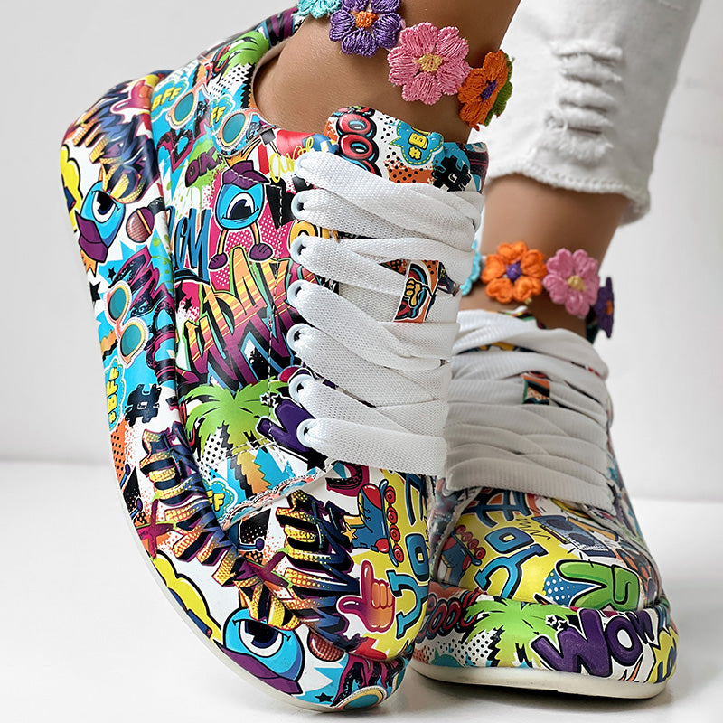 Women's Casual Round Toe Thick Sole Lace-Up Sneakers, Random Print Design, Comfortable Sporty Shoes For Daily Wear