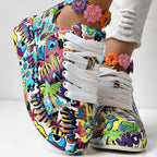 Trendy Women’s Lace-Up Sneakers – Thick Sole, Round Toe Casual Shoes with Eye-Catching Random Print for Daily Comfort