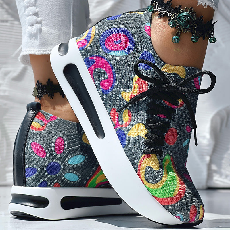 Women's Random Print Side Lace-Up Elastic Sport Shoes, Comfortable Slip-On Sneakers For Women, Casual Daily Wear Footwear