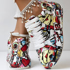 Trendy Women’s Lace-Up Sneakers – Thick Sole, Round Toe Casual Shoes with Eye-Catching Random Print for Daily Comfort