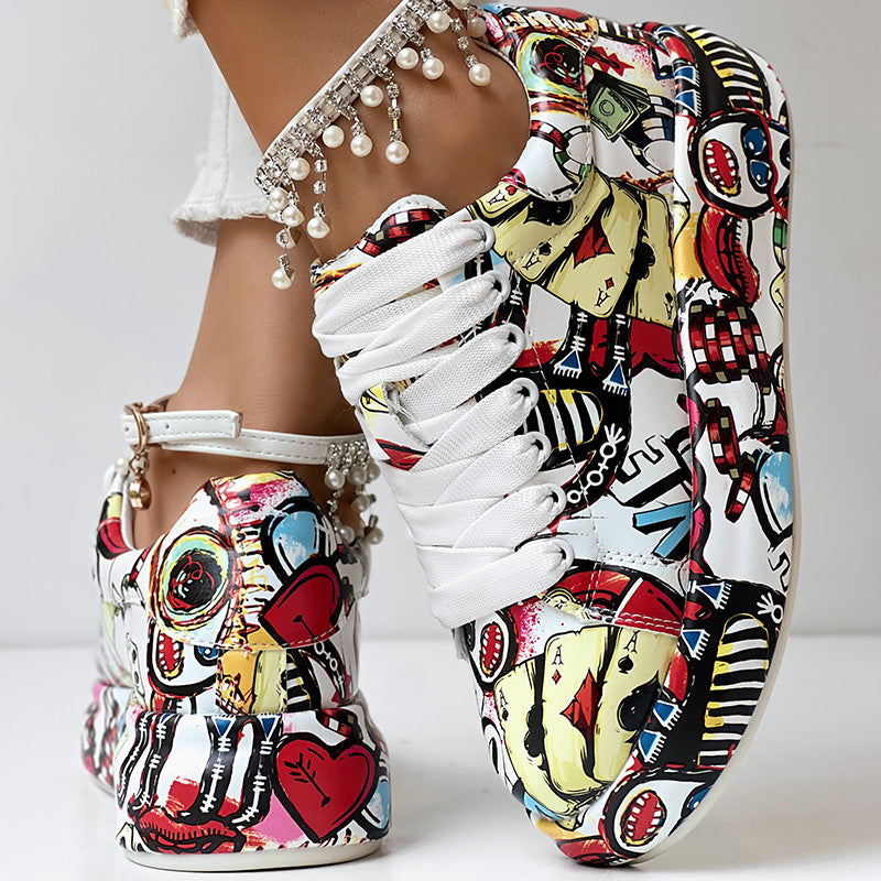 Women's Casual Round Toe Thick Sole Lace-Up Sneakers, Random Print Design, Comfortable Sporty Shoes For Daily Wear