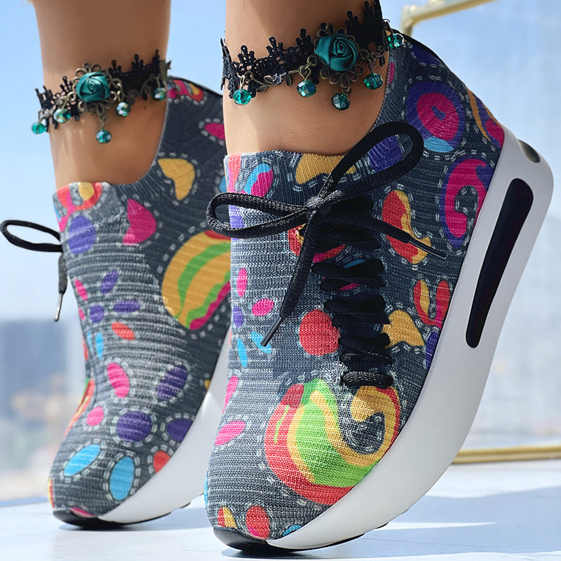 Women's Random Print Side Lace-Up Elastic Sport Shoes, Comfortable Slip-On Sneakers For Women, Casual Daily Wear Footwear