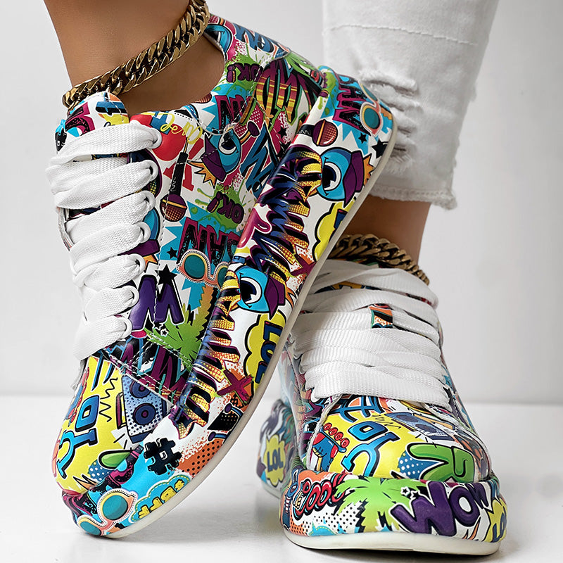 Women's Casual Round Toe Thick Sole Lace-Up Sneakers, Random Print Design, Comfortable Sporty Shoes For Daily Wear