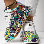 Trendy Women’s Lace-Up Sneakers – Thick Sole, Round Toe Casual Shoes with Eye-Catching Random Print for Daily Comfort