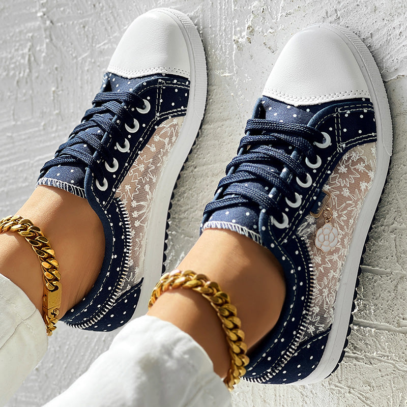 Floral Embroidered Polka Dot Print Sneakers