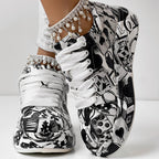 Trendy Women’s Lace-Up Sneakers – Thick Sole, Round Toe Casual Shoes with Eye-Catching Random Print for Daily Comfort