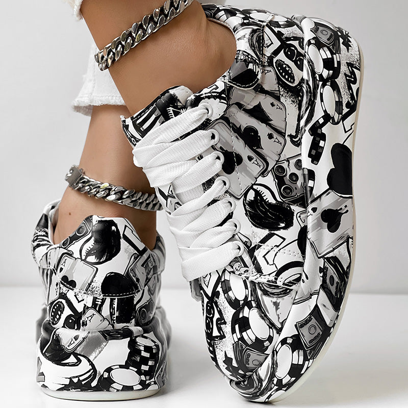 Women's Casual Round Toe Thick Sole Lace-Up Sneakers, Random Print Design, Comfortable Sporty Shoes For Daily Wear