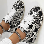 Trendy Women’s Lace-Up Sneakers – Thick Sole, Round Toe Casual Shoes with Eye-Catching Random Print for Daily Comfort