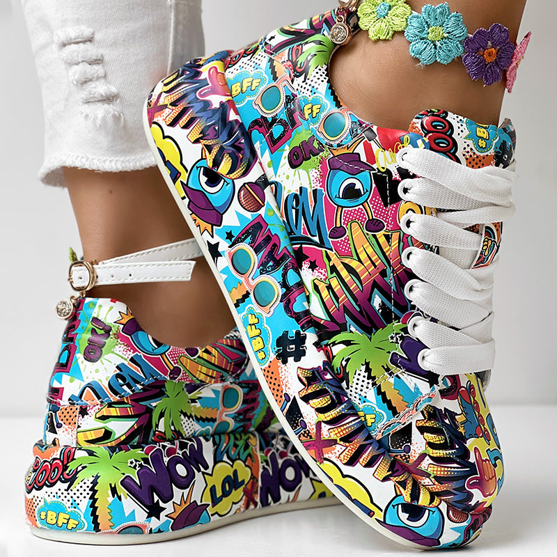 Women's Casual Round Toe Thick Sole Lace-Up Sneakers, Random Print Design, Comfortable Sporty Shoes For Daily Wear