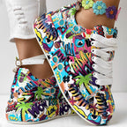 Trendy Women’s Lace-Up Sneakers – Thick Sole, Round Toe Casual Shoes with Eye-Catching Random Print for Daily Comfort