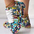 Trendy Women’s Lace-Up Sneakers – Thick Sole, Round Toe Casual Shoes with Eye-Catching Random Print for Daily Comfort