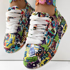 Trendy Women’s Lace-Up Sneakers – Thick Sole, Round Toe Casual Shoes with Eye-Catching Random Print for Daily Comfort