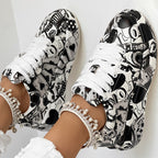 Trendy Women’s Lace-Up Sneakers – Thick Sole, Round Toe Casual Shoes with Eye-Catching Random Print for Daily Comfort