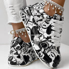 Trendy Women’s Lace-Up Sneakers – Thick Sole, Round Toe Casual Shoes with Eye-Catching Random Print for Daily Comfort